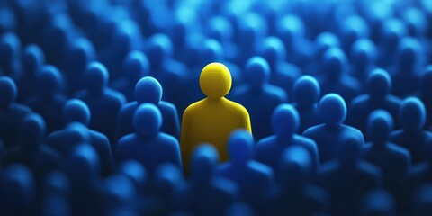 One brilliant yellow leader figure among blue crowd, leadership, unique talent selection, business recruitment