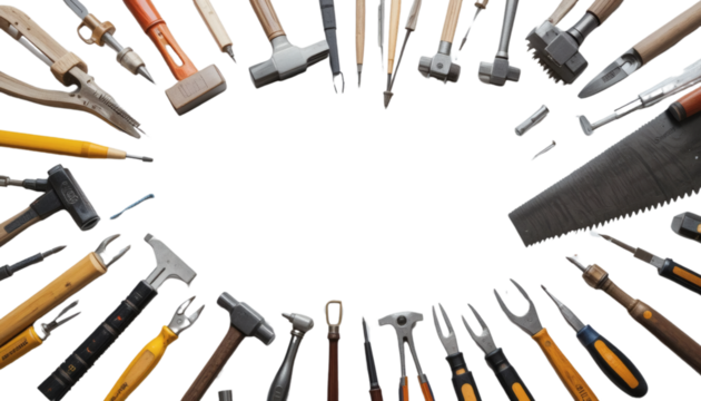 Assortment of vintage and modern hand tools arranged in a circle transparent background