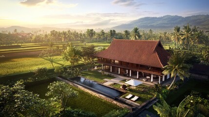 Obraz premium Tropical Villa Sunrise: Terracotta Roof and Lush Rice Paddies