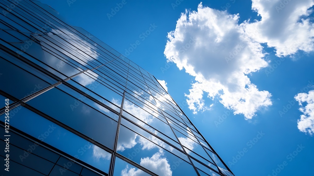 Poster modern building reflections under bright blue sky with fluffy clouds : generative ai