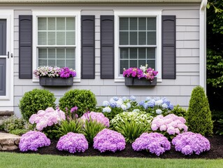 Front facade of house with colorful flowerbeds