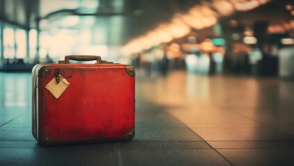Worn Red Suitcase Awaits Departure in Airport Terminal