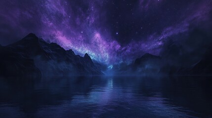 Mystical night scene mountains, lake, purple sky, stars, fog, reflection.