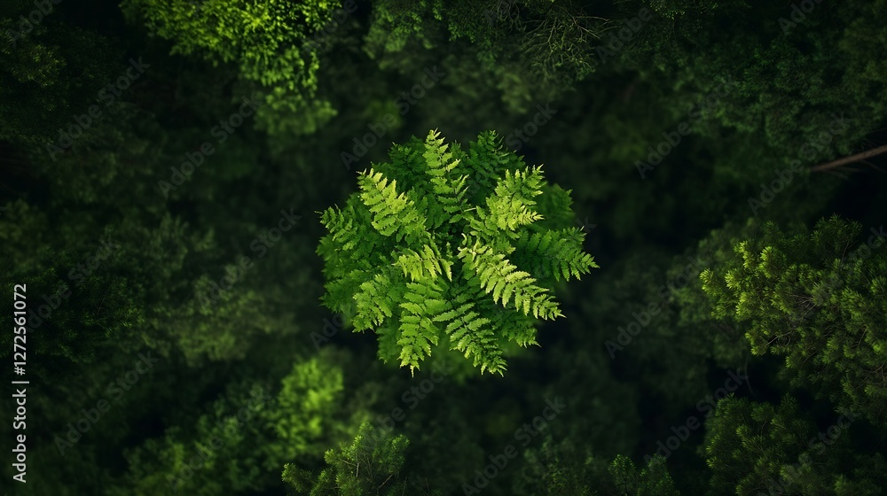 Poster Lush Green Ferns in a Circular Pattern Overhead View of a Dense Forest : Generative AI