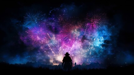 Colorful Fireworks Display at Night with Silhouette of a Person : Generative AI