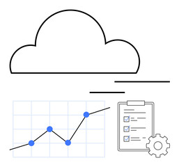 Cloud icon with rising analytics graph, checklist, and gear element. Ideal for cloud computing, business analysis, productivity tools, task management, digital planning, IT systems efficiency