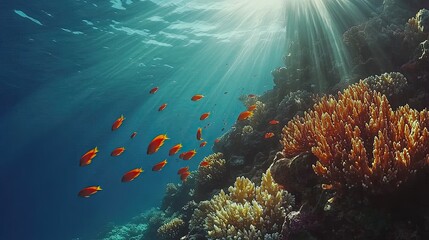 Obraz premium Sunlit Coral Reef With Schools Of Orange Fish