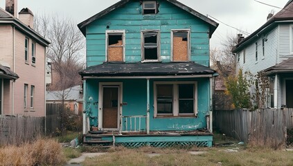 Abandoned teal house, urban decay, neighborhood, overgrown yard