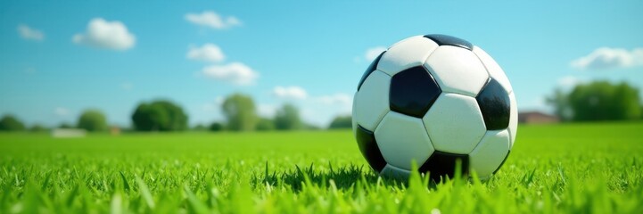 Fototapeta premium Aged monochrome football, vibrant green lawn, clear blue sky , worn, game, retro