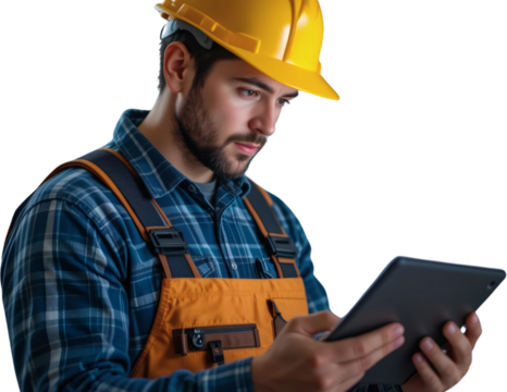 Construction Worker Using Tablet Focused Male Engineer in Hard Hat Onsite Digital Project Review