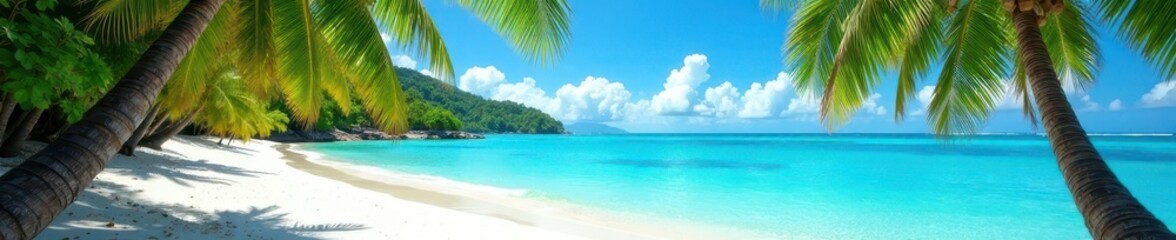 Fototapeta premium Azure water laps white sand; lush palms frame turquoise bay , turquoise, imagery