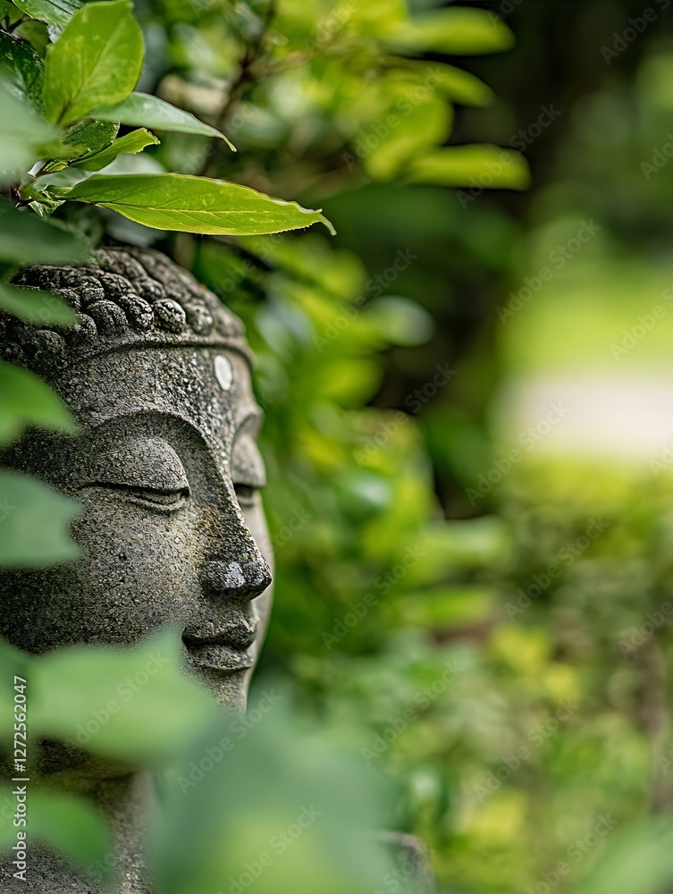 Poster serene buddha statue surrounded by lush greenery in peaceful garden setting : generative ai