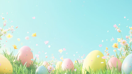 Easter Monday banner with pastel gradient background from yellow to sky blue, colorful Easter eggs scattered on green grass with spring flowers