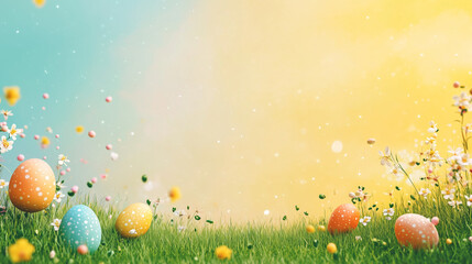 Easter Monday banner with pastel gradient background from yellow to sky blue, colorful Easter eggs scattered on green grass with spring flowers