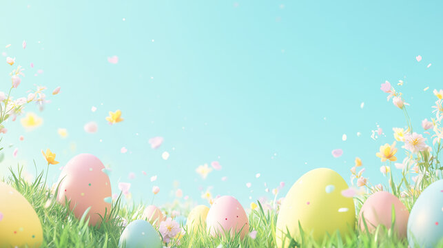 Easter Monday banner with pastel gradient background from yellow to sky blue, colorful Easter eggs scattered on green grass with spring flowers - Powered by Adobe