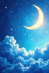 Celestial blue watercolor crescent moon, shimmering stars , ethereal, watercolor