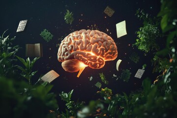 A glowing brain model surrounded by floating icons like books, plants, and puzzles. Featuring a dark gradient background