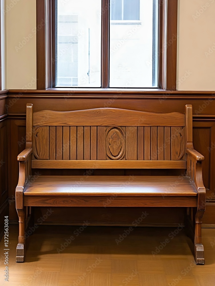 Poster Elegant Wooden Bench with Classic Design and Natural Light from Window : Generative AI