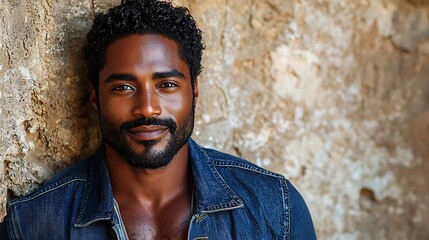 Obraz premium Man, denim, portrait, outdoors, stone wall, summer, confident, handsome