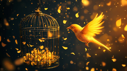 Golden bird escaping from cage in magical glow with floating petals. Floating Luminous Petals. Illustration