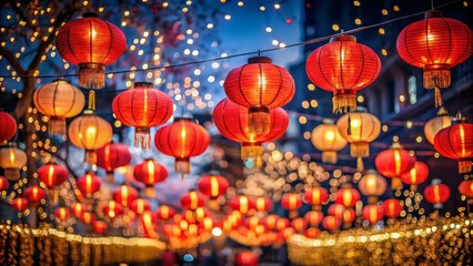 Red Lanterns, Shimmering Lights, Festive Night, Tilt-Shift Photography