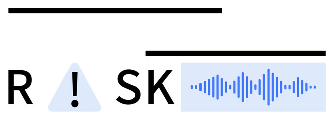 Letters R and SK with exclamation mark in triangle forming word RISK, accompanied by an audio frequency pattern. Ideal for safety, financial risk, insurance, health, IT security, communication