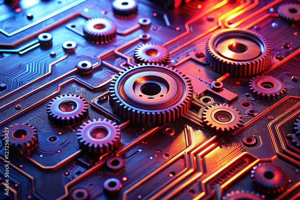 Poster red lit high-tech gears on circuit board: ai pipeline visualization