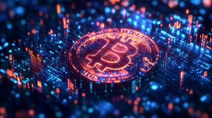 Bitcoin symbol glowing on digital circuit board