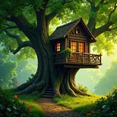Cozy treehouse nestled amongst ancient oaks, sunlight dappling leaves , treehouse, dwelling