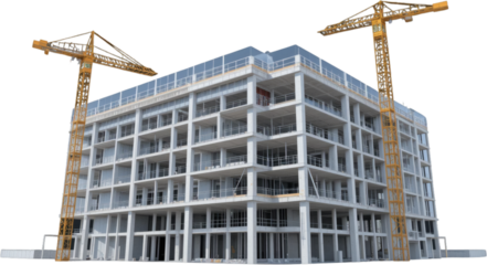 Modern Concrete Building Under Construction with Two Tower Cranes