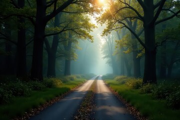 Naklejka premium Curving country lane disappearing into foggy spring forest, countryside, stunning, travel