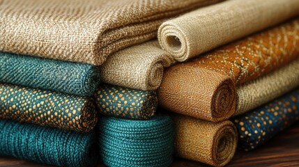 Rolled fabrics, autumnal tones, wooden surface, design studio, textile industry