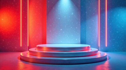 Abstract Stage with Neon Lighting and Circular Platform