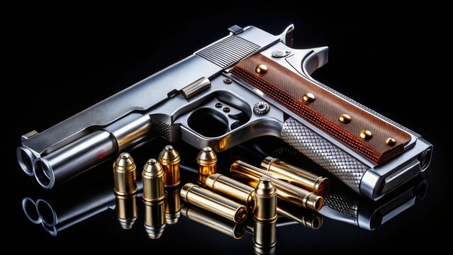 High-resolution aerial shot: stainless steel M1911, real ammunition, black backdrop.