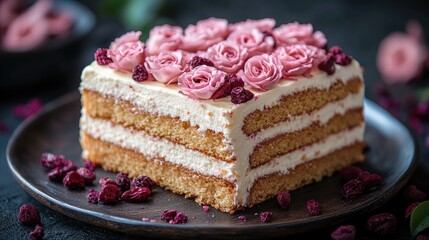 Rose-decorated cake slice on dark plate, studio shot
