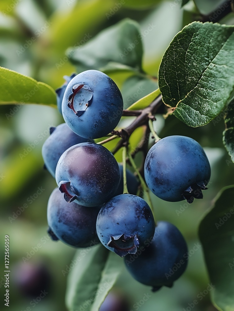 Poster fresh organic blueberries gathered on a branch in nature setting : generative ai