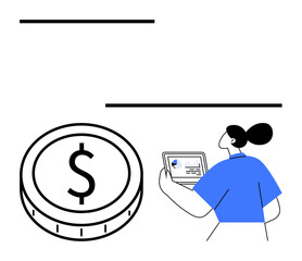 Woman in blue using laptop displaying charts and graphs, next to a large coin icon with a dollar sign. Ideal for finance, investment, business, analytics, economy, money management, abstract line