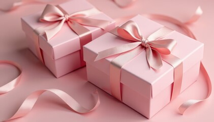 Obraz premium Elegant blush pink gift boxes, delicate satin ribbon detail , blush, background