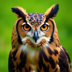 Fototapeta premium Eurasian eagle owl portrait, bright orange eyes, soft green backdrop, day, green