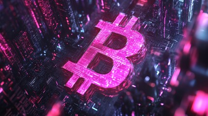 Glowing bitcoin symbol in digital circuit