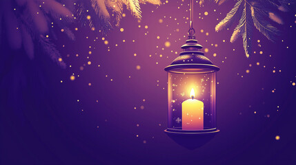 Klausjagen minimalist design with purple to golden white night gradation, decorative elements such as fine snow patterns in the upper corners, candlelight illustrations in glass lanterns at the bottom