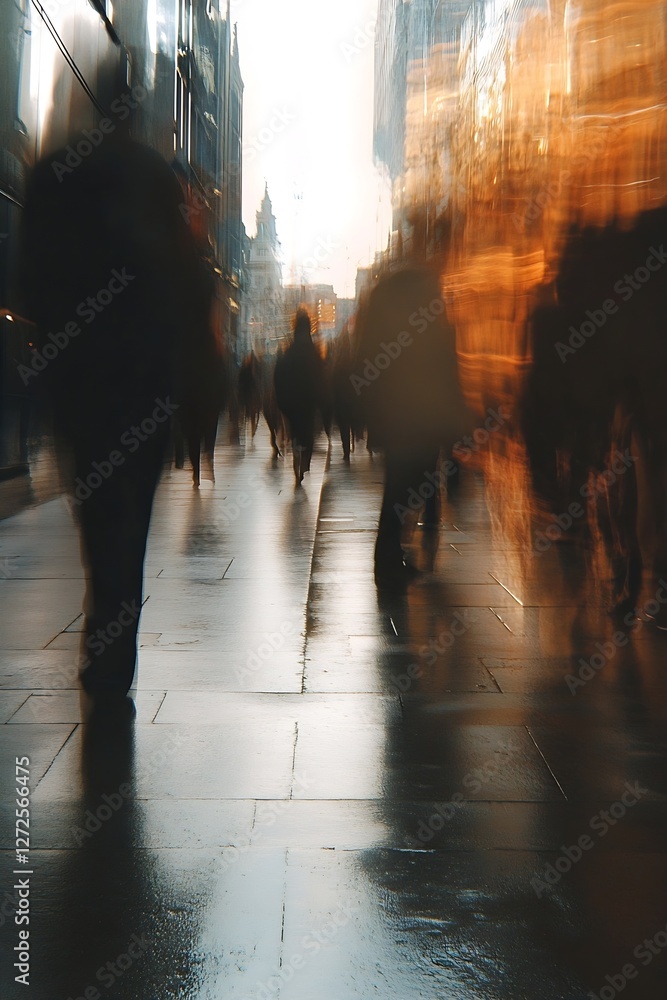 Poster dynamic urban street scene with blurred figures and reflections in wet pavement during golden hour :
