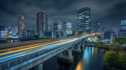 Obraz premium Night cityscape with highway bridge and river, illuminated skyscrapers, light trails.