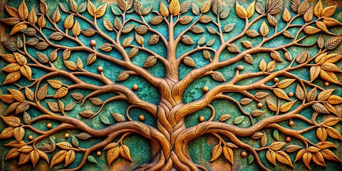 Relief Sculpture: Intricate Tree Branches & Leaves Centered -  Documentary Photography Style