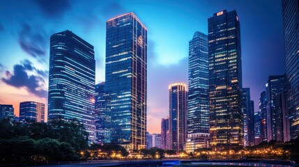 Naklejka premium Night cityscape with illuminated skyscrapers and park.