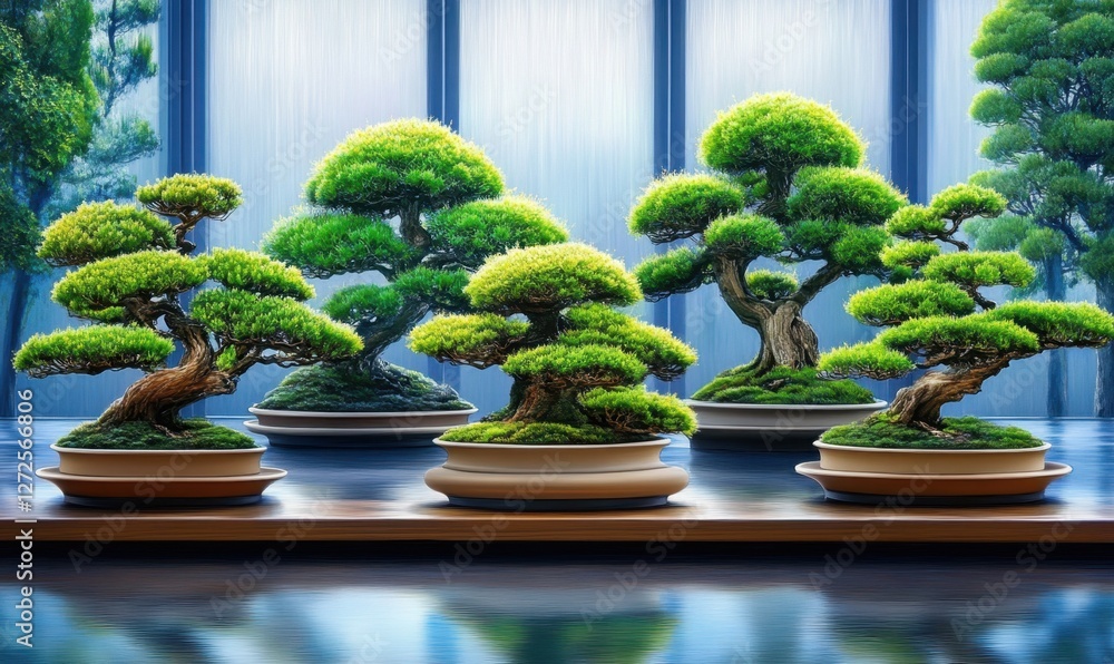 Poster a serene display of five meticulously crafted bonsai trees in a tranquil indoor setting