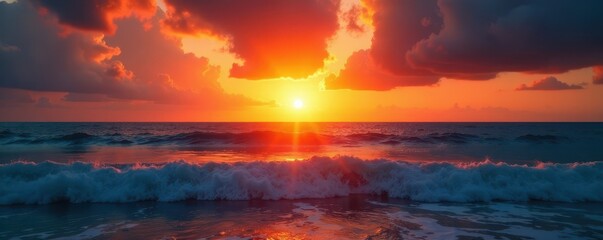 Golden hour sun dips below tranquil ocean, sky ablaze with fiery hues, picture, eventide