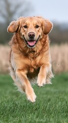 Happy Golden Retriever running in a field
