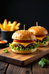 Gourmet burgers on rustic wood tray with golden wedges and condiments , tray, rustic
