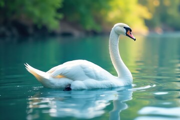 Fototapeta premium Graceful white swan gliding on serene lake, vibrant watercolor , serenity, pond, illustration